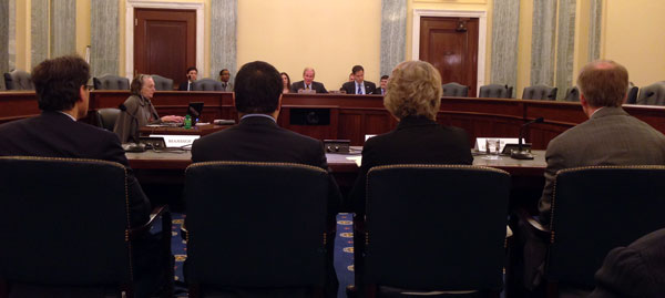 Susan Eisenhower (seated third from left) delivers verbal testimony to Senators Bill Nelson and Marco Rubio at the "From Here to Mars" hearing on April 9, 2014.